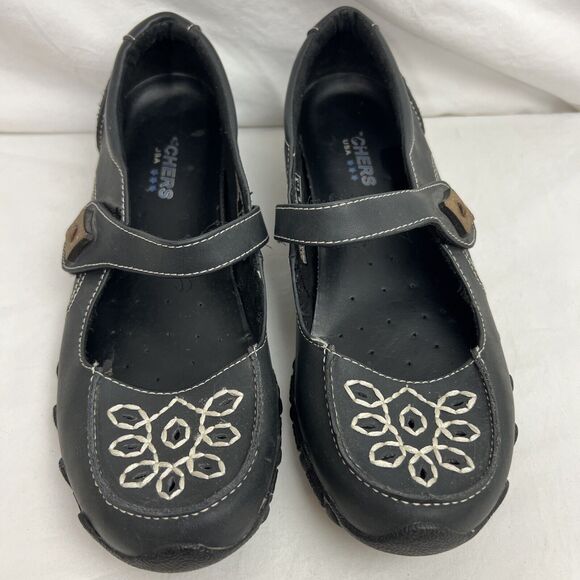 Mary Jane Shoes - Skechers 47564 Black Leather Casual Mary Jane Flats Shoes Women's Size 8.5